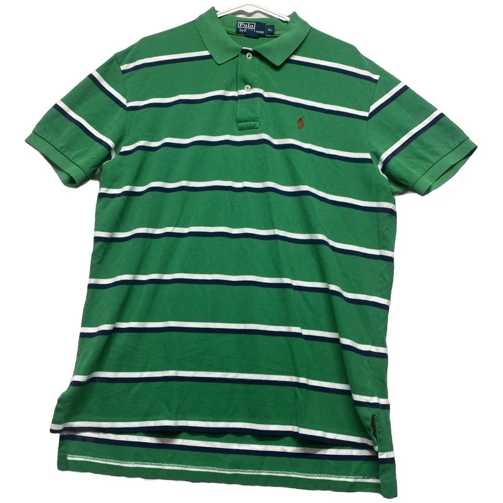 Polo Ralph Lauren Polo Shirt Mens XL Green Striped Hi Low Hem Side Slit Golf